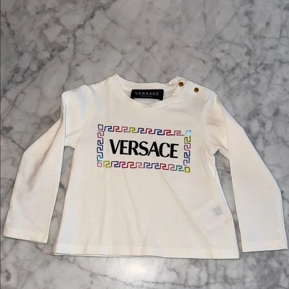 Versace Kids White Long Sleeve Shirt with glitter logo 12/18M